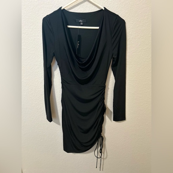 Lulu's Serious Stunner Black Ruched Long Sleeve Bodycon Dress Size S NWT - Picture 4 of 7